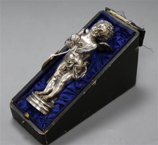 A Luca Madrassi silver plated bronze of a cherub, in fitted case